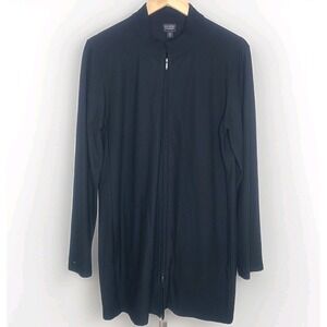 Eileen Fisher‎ M Stretch Full Zip Mandarin Collar Long Jacket Cardigan Black
